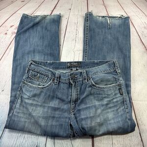 Silver Jeans Mens 38x32 Faded Blue Denim Zac Flap Pocket Boot Cut Distressed